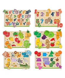 Little Berry My First Wooden Knob and Peg Puzzle Tray Set of 6 Multicolour - 78 Pegs