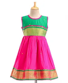 Bhartiya Paridhan Silk Sleeveless Ethnic Dress With Border Work- Pink & Green