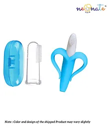 NeonateCare Ultra Soft Bristle Baby Gum Massager Bendable 100% Flexible Banana Teething Shaped Silicone Toothbrush Teether Toy With Baby Transparent Silicone Finger Brush Tongue Cleaner for Baby Teething/Gums With Case Blue