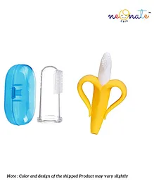 NeonateCare Ultra Soft Bristle Baby Gum Massager Bendable 100% Flexible Yellow Banana Teething Shaped Silicone Toothbrush Teether Toy With Baby Transparent Silicone Finger Brush Tongue Cleaner for Baby Teething Gums With Case Blue & Yellow