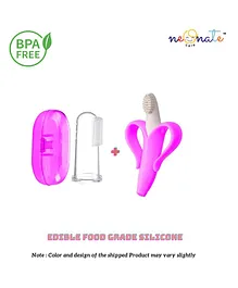 NeonateCare Ultra Soft Bristle Baby Gum Massager Bendable 100% Flexible Yellow Banana Teething Shaped Silicone Toothbrush Teether Toy With Baby Transparent Silicone Finger Brush Tongue Cleaner for Baby Teething/Gums With Case Pink