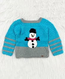 Knitting By Love Handmade Full Sleeves Striped Pattern & Snowman Detailed Sweater - Blue & Grey