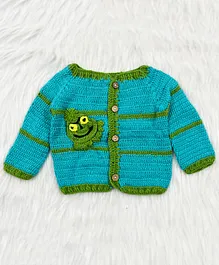 Knitting By Love Handmade Full Sleeves Animal Designed Crotchet Embroidered Front Open Sweater - Blue & Green