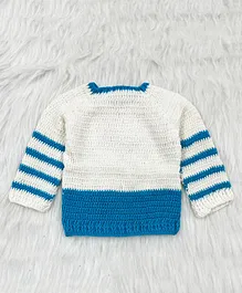 Knitting By Love Handmade Full Sleeves  Colour Block & Striped Designed Sweater - White & Blue