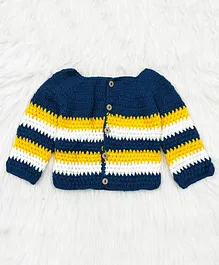 Knitting By Love Handmade Full Sleeves Striped Pattern Design Sweater - Blue Yellow & White