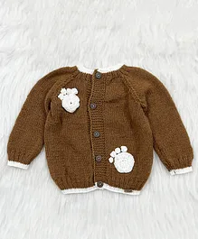 Knitting By Love Handmade Full Sleeves Paw Detailed Front Open Sweater - Brown