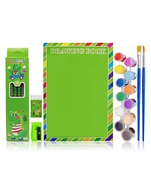 Schoolish Stationery Kit with 12 Water Colors and Paint Brushes 6 Pencils Drawing Book Erasers  Sharpener (Colour May Vary)