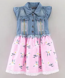 Enfance Core Cap Sleeves Floral Embroidered & Printed Denim Bodice Detailed Fit & Flare Dress - Pink