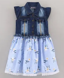 Enfance Core Cap Sleeves Floral Embroidered & Printed Denim Bodice Detailed Fit & Flare Dress - Sky Blue
