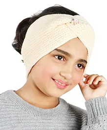 BHARATASYA Handknitted & Button Detailed Woolen Ear Warmer Headband - Cream