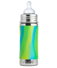 Pura Stainless Steel Infant Bottle With Silicone Sleeve And Natural Vent Nipple Green & Aqua - 325 ml