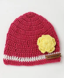 The Original Knit Handmade Flower Embellished Braided Cap - Yellow & Pink