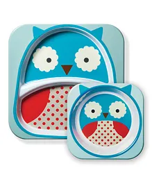 Skiphop Feeding Divided Plate And Bowl Set Owl Print - Blue