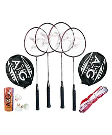 AXG Scratch Resistant A-2000 Racquets Set of 4 with Covers 3 Feather Shuttles & Net Badminton Kit - Maroon