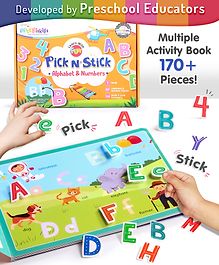 Intelliskills Pick N' Stick Alphabet & Numbers Premium Board Book | Montessori Activity Book with Reusable Velcro Stickers | 57 Stickers, 10 Book Pages | English