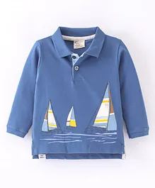 Ollypop Cotton Sinker Knit Full Sleeves Polo T-Shirt Boat Print - Blue