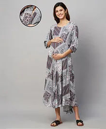 MomToBe Rayon Three Fourth Sleeves Blocked Design & Paisley Printed Maternity Dress With Concealed Zipper Nursing Access -Blue & Red