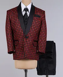 Jeet Ethnics Full Sleeves Overlapped Lines Designed 5 Piece Coat Suit Set - Black & Red