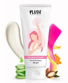 Plush Hair Removal Cream for Women- 50g , All Skin Types with Aloe vera & Honey ,Suitable for Hands, Underarms, Legs & Bikini Line with Long-lasting smoothness ,Paraben-free helps Nourish & Sooth Skin