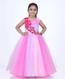 Indian Tutu Sleeveless Laser Cut Flower Applique Embellished Fit & Flare Gown - Pink