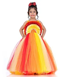 Indian Tutu Sleeveless Ruffle Detailed Layered Gradient Flower Embellished Fit & Flare Gown - Yellow & Red