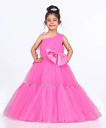 Indian Tutu Sleeveless Bow & Lace Embellished Fit & Flare One Shoulder Gown - Dark Pink
