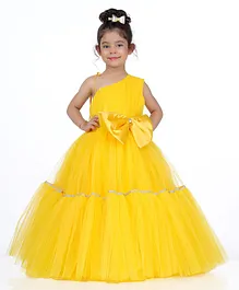 Indian Tutu Sleeveless Bow & Lace Embellished Fit & Flare One Shoulder Gown - Yellow