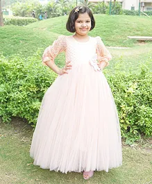 Indian Tutu Three Fourth Sleeves Floral Embroidered Fit & Flare Gown - Peach