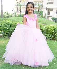Indian Tutu Sleeveless Floral Applique Embellished Fit & Flare Gown - Baby Pink