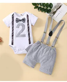 Babymoon Set Of 2 Half Sleeves Solid 2nd Birthday Romper & Suspender Costume - Grey