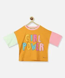 Natilene Half Sleeves Girl Power Text Printed Colour Blocked Top - Mustard Yellow