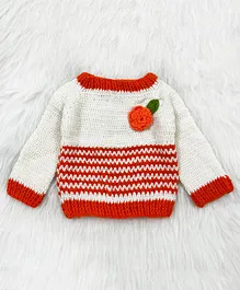 Knitting by Love  Full Sleeves Handmade Striped & Floral Designed   Sweater - Orange & White