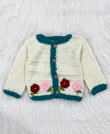 Knitting by Love  Full Sleeves Handmade Front Open Flower Detailed  Sweater - White & Green