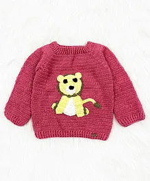 Knitting by Love  Full Sleeves Handmade Lion Detailed Sweater -Pink