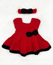 Knitting by Love  Sleeveless Handmade Frill & Bow Detailed Dress With Headband - Red