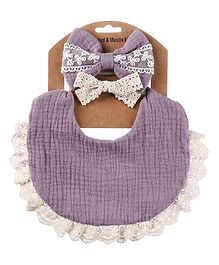 THE LITTLE LOOKERS Muslin Baby Bibs Drool Teething Bibs Headband Set 4-Layer Organic Cotton Lace Waterproof - Lilac