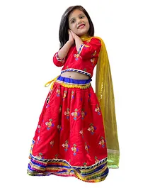 Aglare Navratri Theme Three Fourth Sleeves Patola Motif Embroidered Coordinating Lehenga Choli And Dupatta - Red