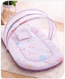 Babyhug Cotton Bedding Set with Mosquito Net Whale Print- Lilac