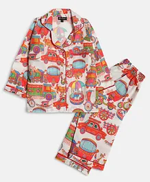 Bella Moda Full Sleeves Seamless Carnival Theme City Elements Printed Coordinating Night Suit - White & Red