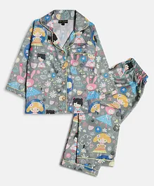 Bella Moda Full Sleeves Seamless Flowers & Dolls Printed Coordinating Night Suit - Multi Color
