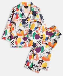 Bella Moda Full Sleeves Seamless Abstract Design & Women Printed Coordinating Night Suit - Multi Color