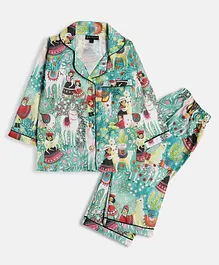 Bella Moda Full Sleeves Seamless Vintage Native Style Printed Coordinating Night Suit - Green