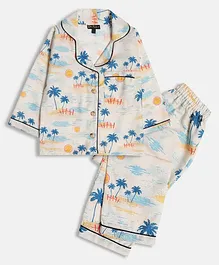 Bella Moda Full Sleeves Seamless Beach Theme Elements Printed Coordinating Night Suit - White