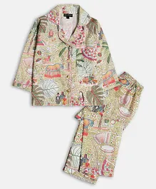 Bella Moda Full Sleeves Seamless Vintage City & People With Animals Printed Coordinating Night Suit - Multi Color