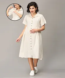 The Mom Store Half Sleeves Solid Button Down Collared Maternity Dress With Concealed Zipper Nursing Access - Off White
