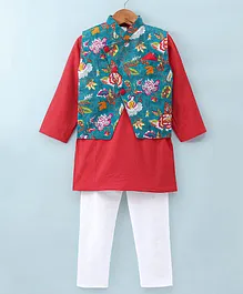 Teentaare Cotton Dc Full Sleeves Solid Colour Kurta & Pyjama Set with Floral Printed Jacket - Red & Blue