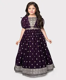 Betty By Tiny Batwing Half Sleeves Intricate Embroidered & Sequin Embellished Fit & Flare Gown - Wine Purple