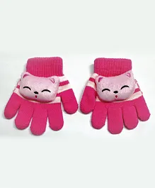 Kid-O-World Animal Face Patch Detailed Striped Gloves -Dark Pink