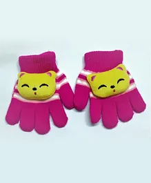 Kid-O-World Animal Face Patch Detailed Striped Gloves - Dark Pink