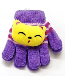 Kid-O-World Animal Face Patch Detailed & Striped Gloves - Purple